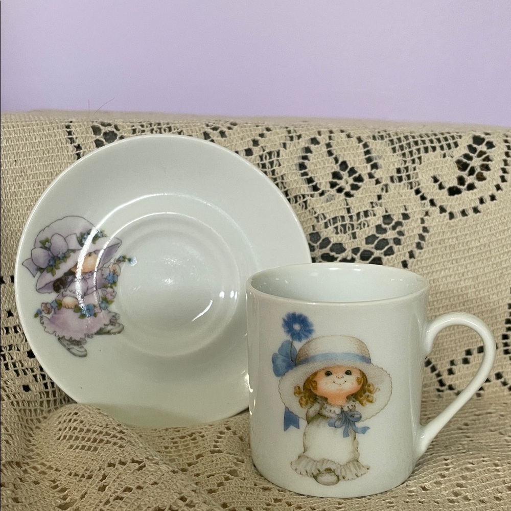Vintage Girl Illustration Teacup and Saucer - White with Blue Accents